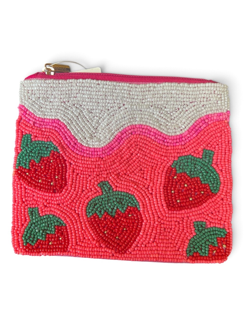 Kaylee Beaded Strawberry Zip Pouch - Pink Red